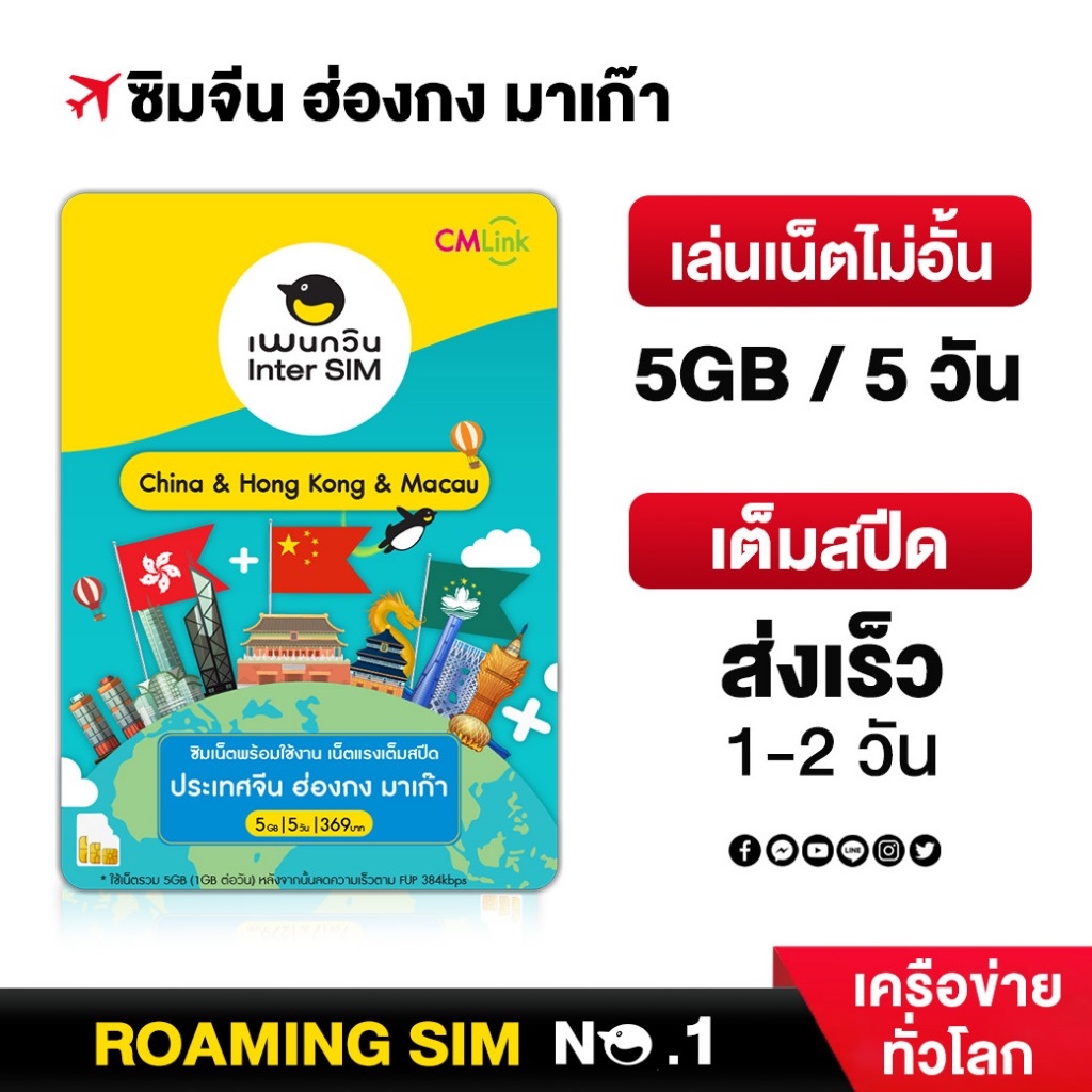 China, Hong Kong, Macau Sim Card Fullspeed 5GB  Fup 384kbps  : ซิมจีน ฮ่องกง มาเก๊า 5วัน by CM LINK