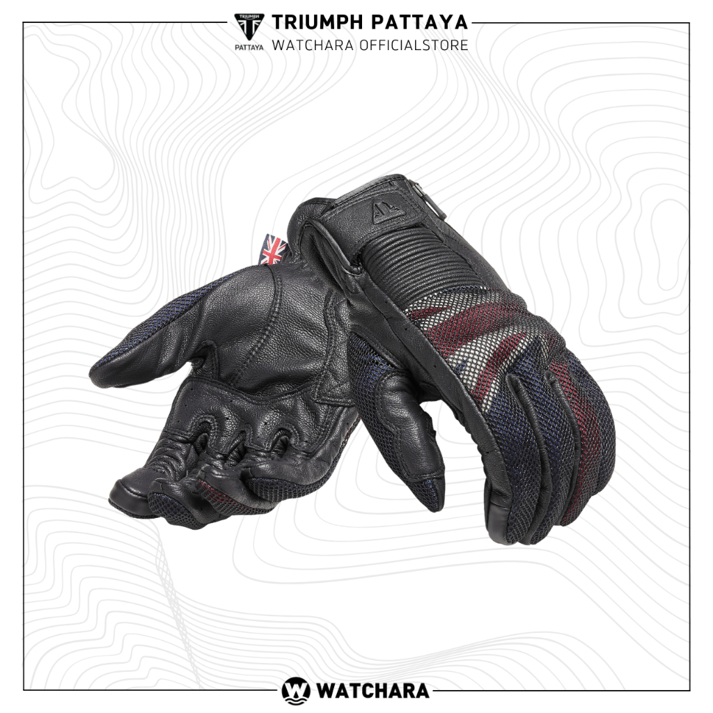 Triumph ถุงมือขับมอเตอร์ไซต์ หนังสีดำลายธงชาติแต่งตาข่าย FLAG MESH GLOVE