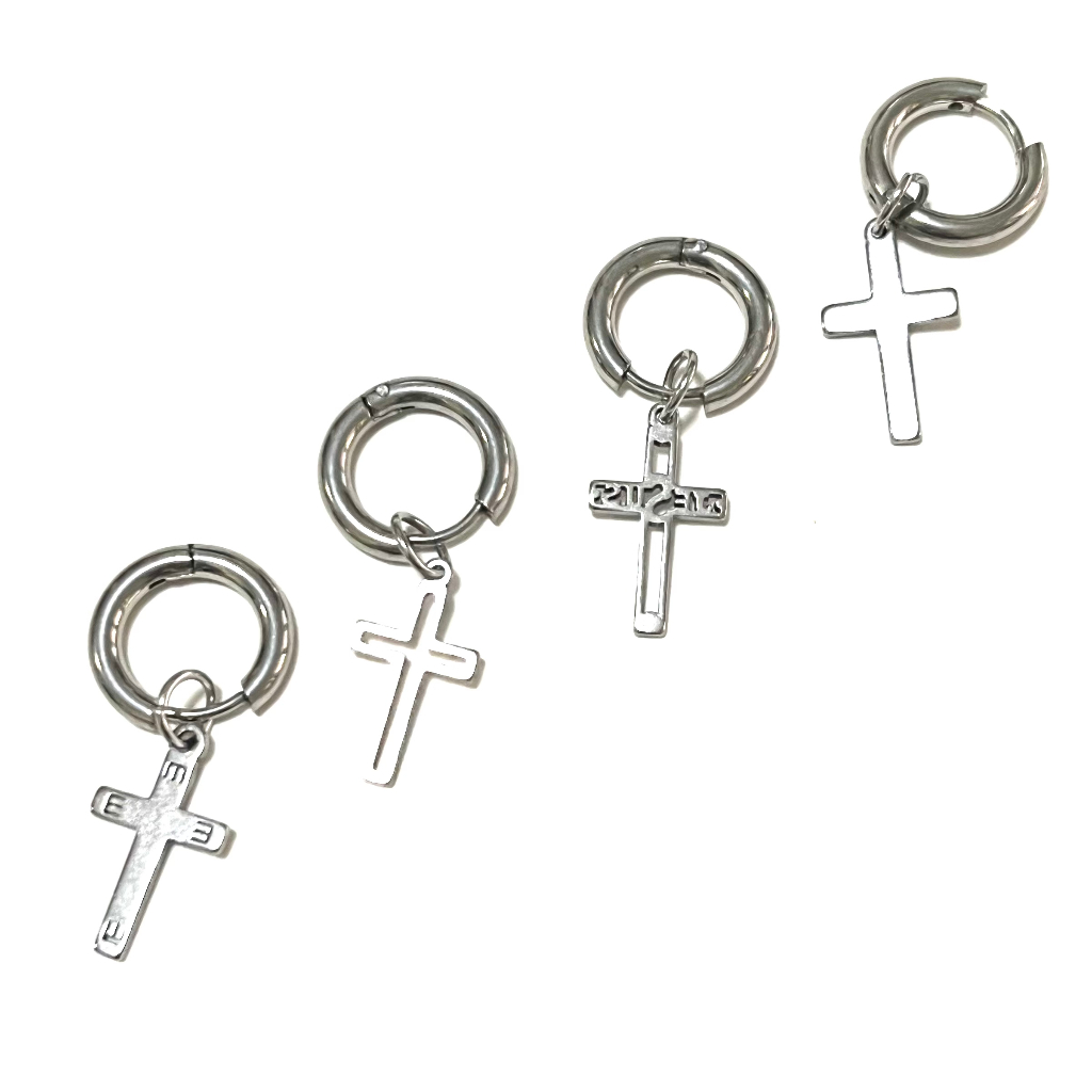 1pcs ต่างหู ต้องเจาะหู ตุ้มหู จิว ไม้กางเขน Cross Huggie Earrings for Men Stainless Steel Earing Pun