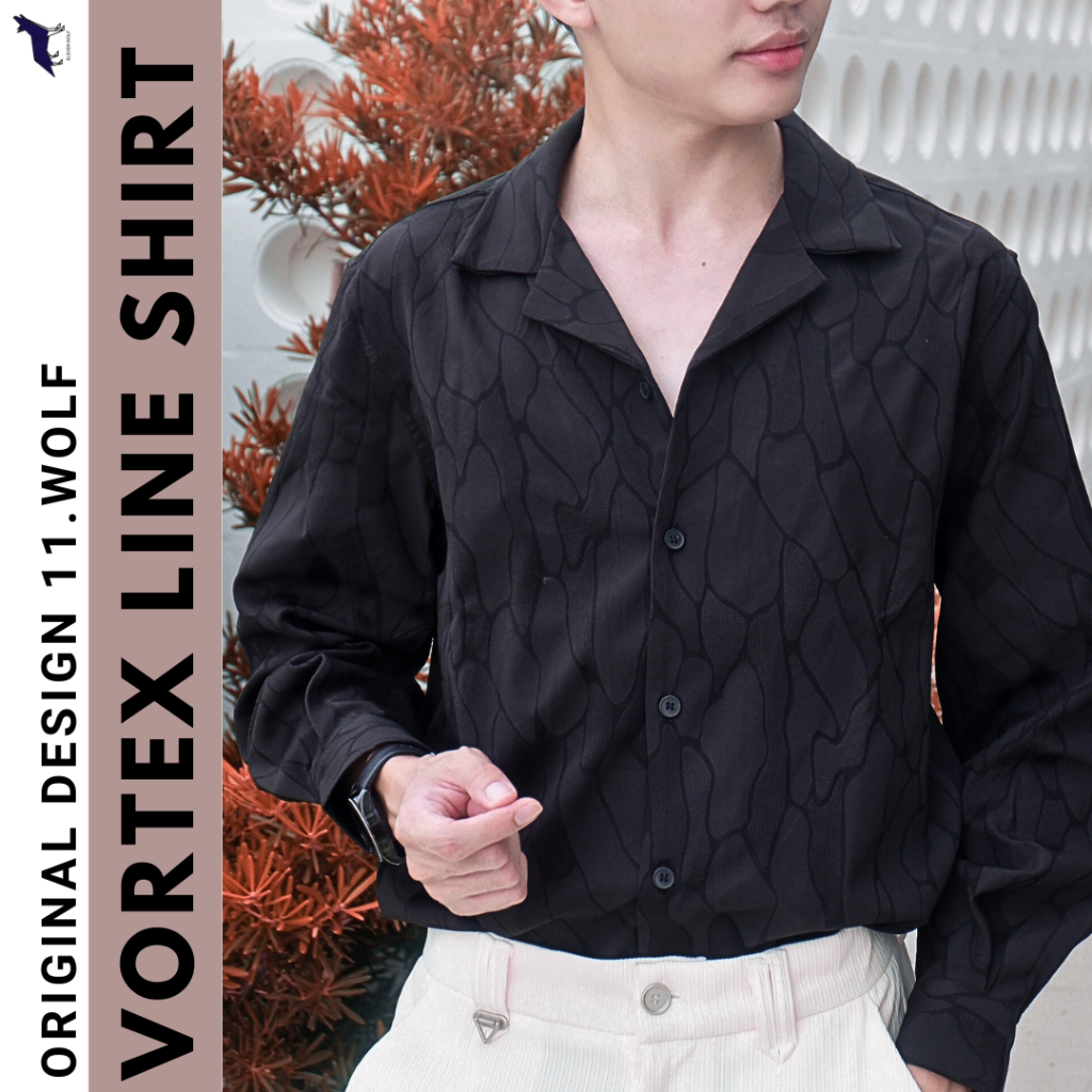 11.WOLF Vortex Line shirt เสื้อเชิ้ตแขนยาวแต่งลายเย็บนูน *(ขาว/ดำ) / S55