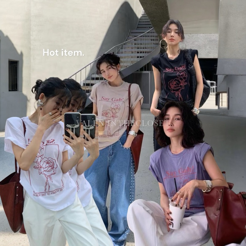 𝗥𝗢𝗦𝗘 𝗣𝗥𝗜𝗡𝗧𝗘𝗗 𝗧-𝗦𝗛𝗜𝗥𝗧 เสื้อยืดสกรีนลาย เสริมบ่าฟองน้ำ ปังมาก ons