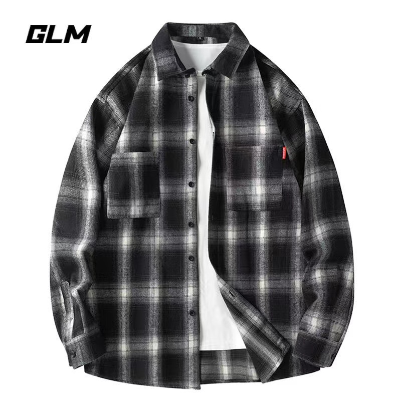 เสื้อเชิ้ตผู้ชายแขนยาวสไตล์เกาหลีลายสก็อตทรงหลวมไซส์M-3XL