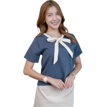 เสื้อทํางานผู้หญิง แขนสั้น แต่งเชือกผูกสีครีม สไตล์มินิมอล ทรงน่ารักมาก Easter Egg [C25]