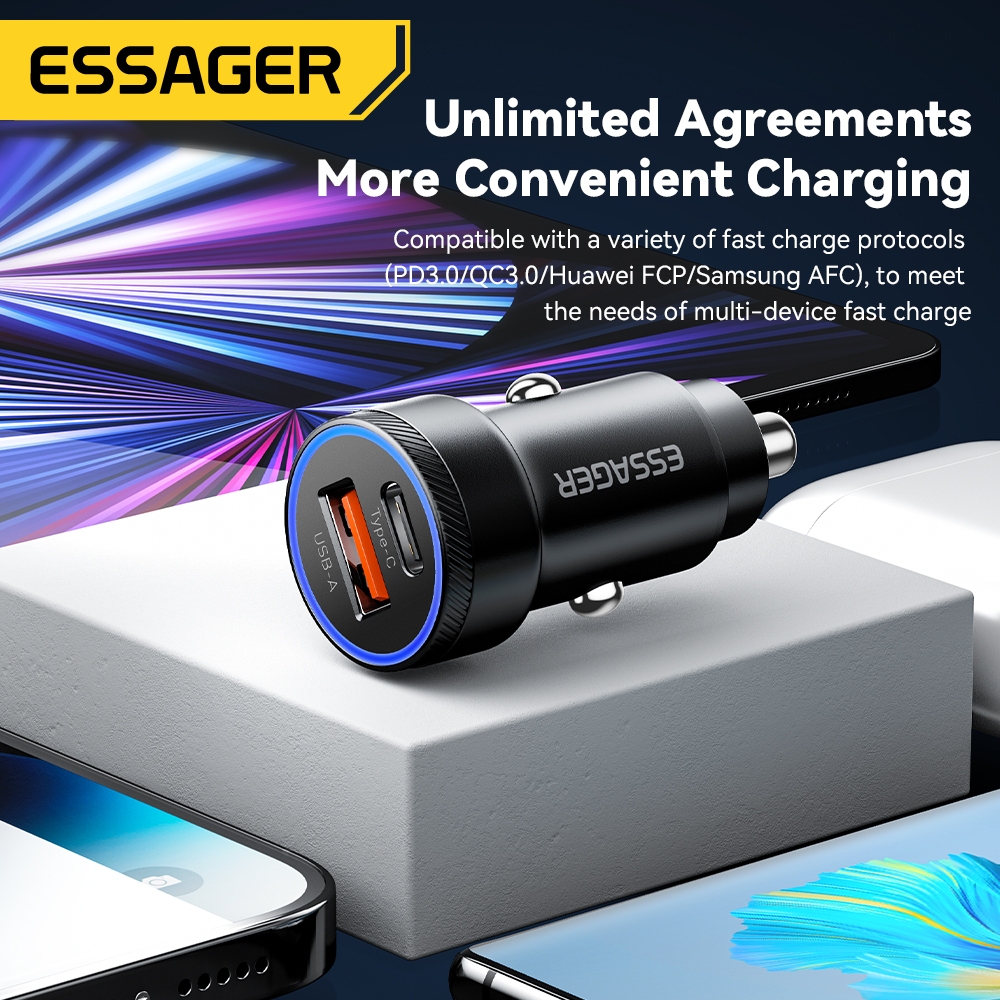 Essager เครื่องชาร์จในรถยนต์ 54W USB A Type C PD ชาร์จเร็ว ไฟหายใจ ชาร์จโทรศัพท์เร็ว - ภาพย่อย 3