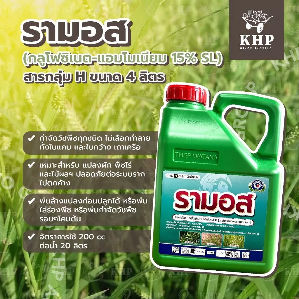 รามอส กำจัดวัชพืชทุกชนิด ใช้พ่นล้างแปลงได้ ปลอดภัยต่อระบบราก (กลูโฟซิเนต-แอมโมเนียม) ขนาด 4 ลิตร
