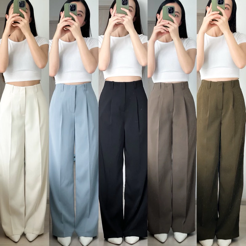 Lily Pants กางเกงขากระบอกใหญ่ ดีเทลตะขอหน้า มี2 ดีเทล มีหู และไม่มีหู ผ้าพริ้ว ยาว 42-43 ผ้าไม่บางนะ สูง 170++ใส่ได้