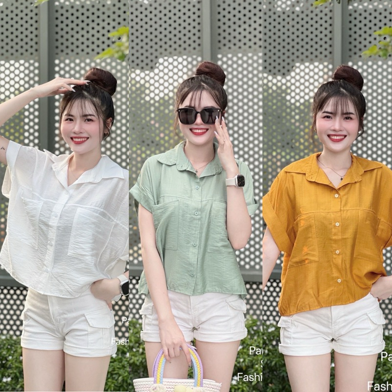 เสื้อเชิ้ตแฟชั่น ทรงครอป Oversize กระเป๋าหน้า พับแขน เสื้อเชิ้ตผู้หญิง