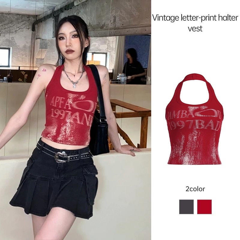 Slim FITTING TOP Retro Letter พิมพ์แขวนคอเสื้อกั๊กผู้หญิง Backless เซ็กซี่ TOP BB
