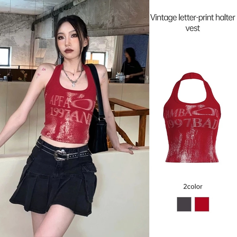 Slim FITTING TOP Retro Letter พิมพ์แขวนคอเสื้อกั๊กผู้หญิง Backless เซ็กซี่ TOP BB
