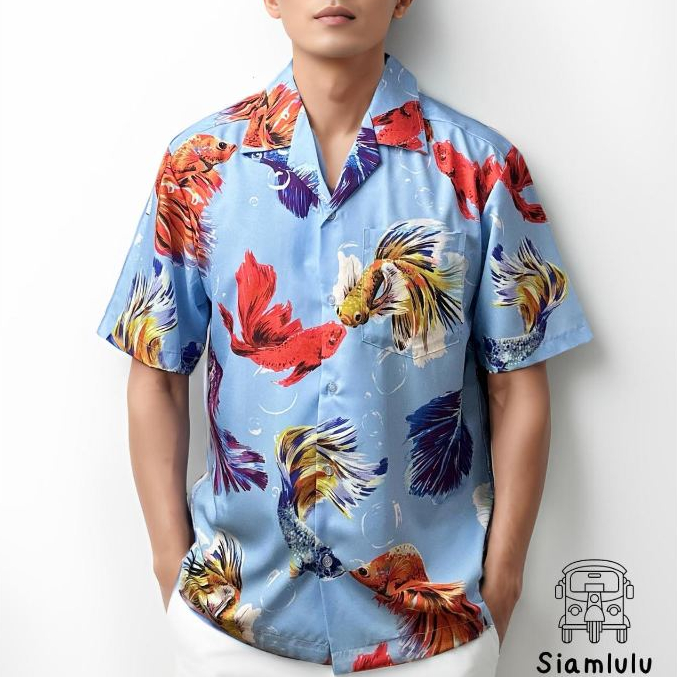 Siamlulu เสื้อฮาวายผู้ชาย ลาย “ ปลากัด “ สีฟ้า