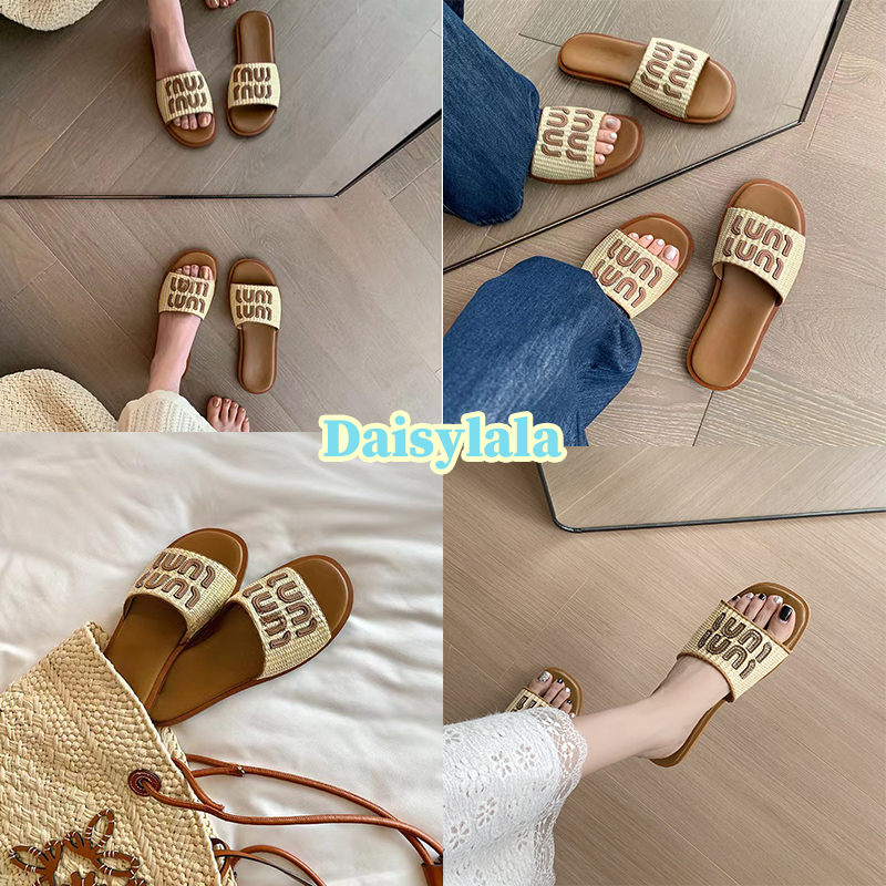 Daisylala รองเท้าแตะส้นแบนหัวเหลี่ยมแบบถักสำหรับผู้หญิงที่สวมใส่สบายกลางแจ้ง