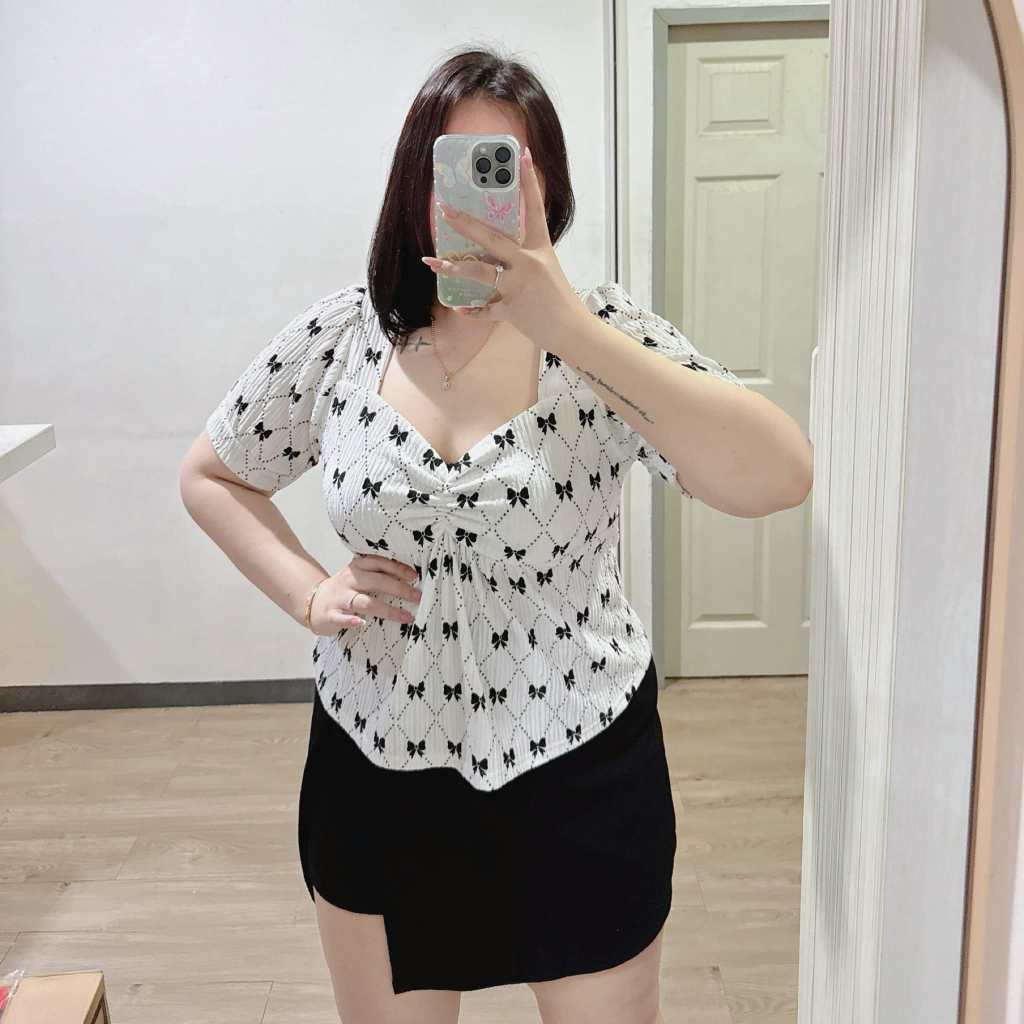 เสื้อจีบหน้าลายโบว์สาวอวบอ้วนอก38-46“ //รุ่น B80