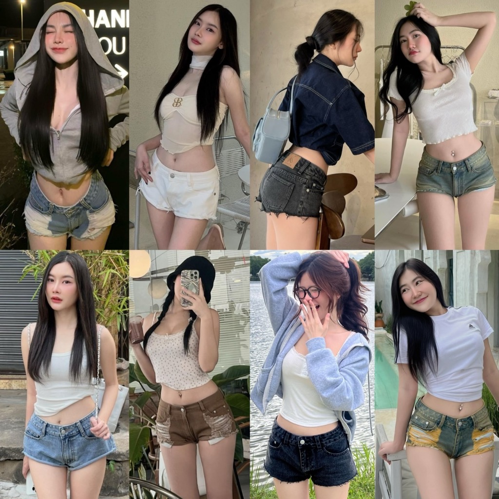 กางเกงขาสั้นสีขาวและสียีนส์ เอวกลาง KINNITA