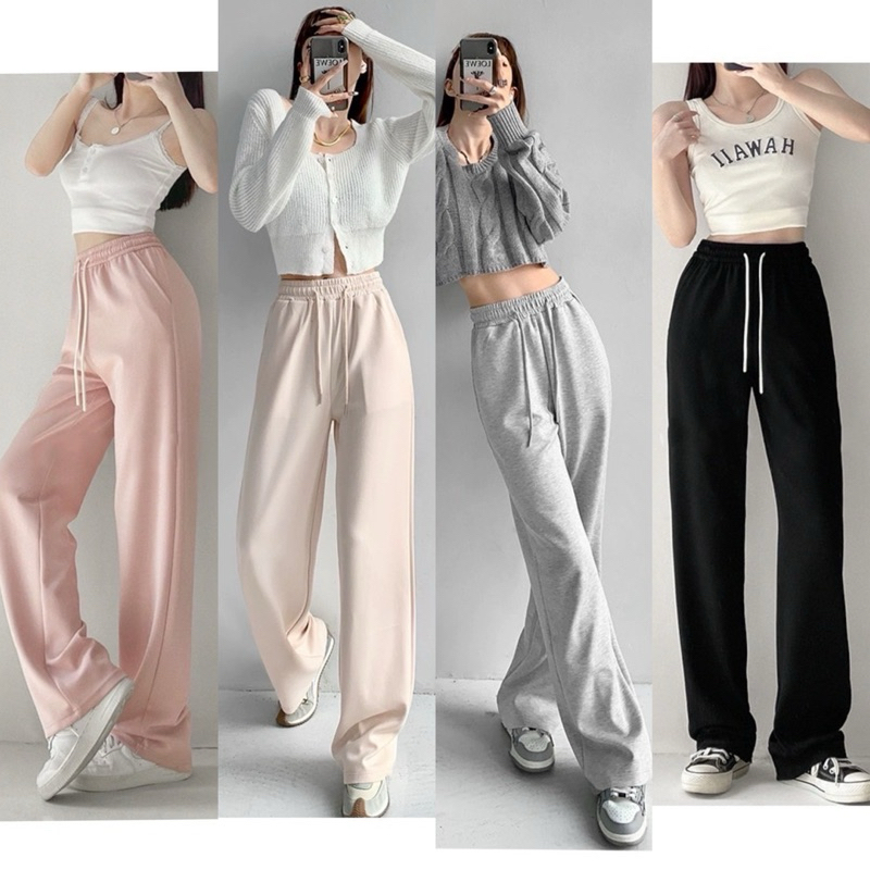 กางเกงวอร์มขายาวสีพื้นทรงกระบอก เชือกหน้า เอวยางยืด ผู้หญิง พร้อมส่ง