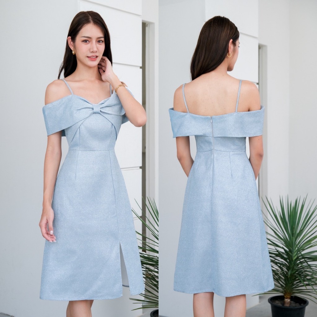 [LUXURY707] FN6402 : สายเดี่ยว off shoulder อกโบว์ ผ้าglitterอัดกาว