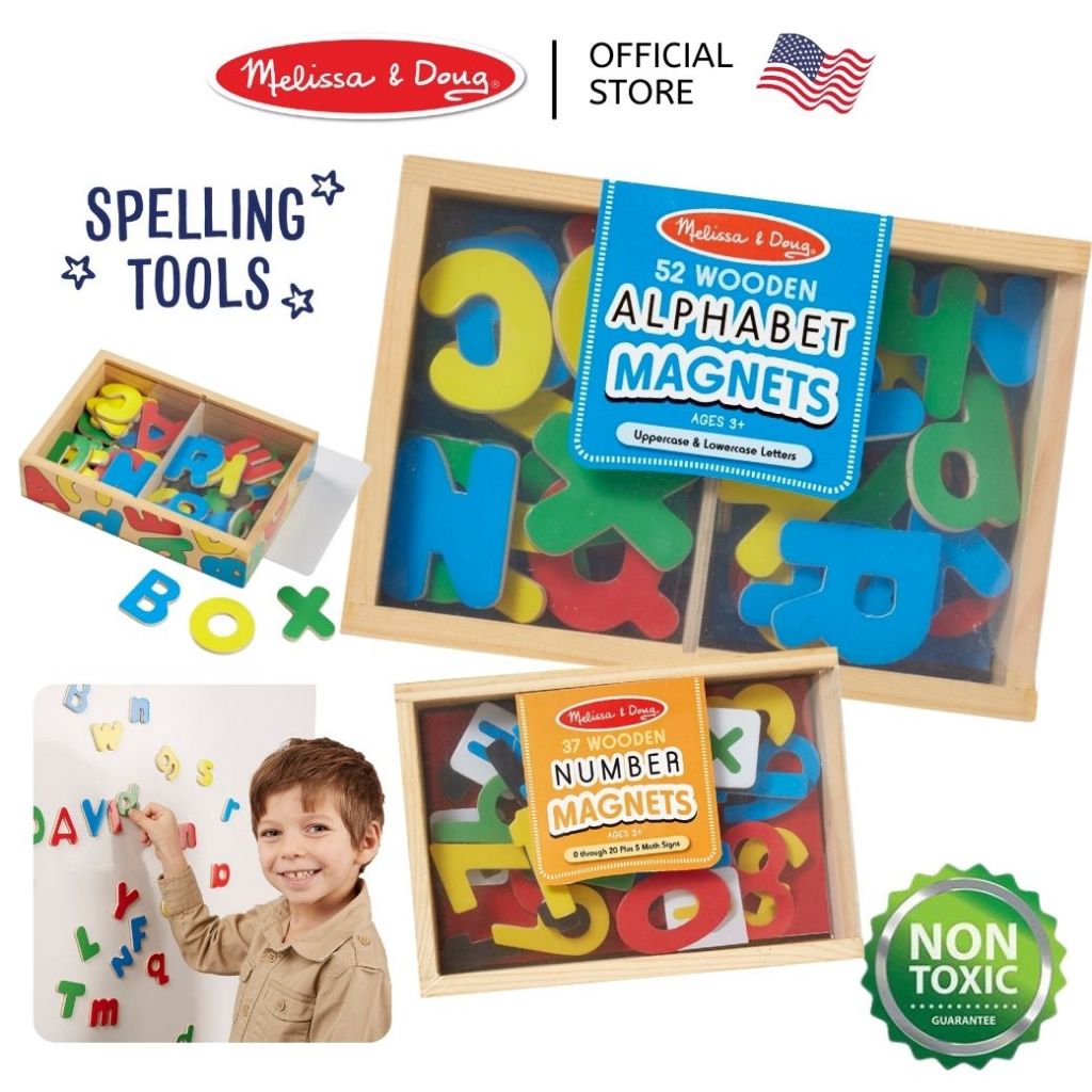 (ของแท้ USA) แม่เหล็กตัวอักษร ABC เล็ก&ใหญ่ และตัวเลข ติดตู้เย็น ติดไวท์บอร์ด Wooden Learning Magnets Melissa & Doug 448