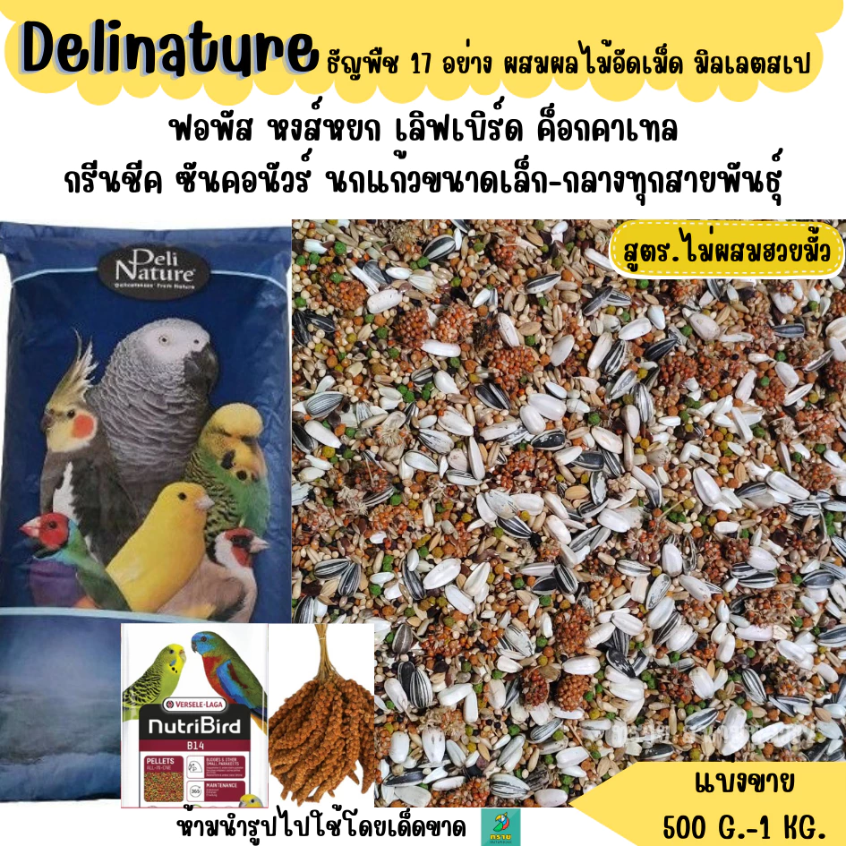 **ไม่มีฮวยมั้ว** Delinature ธัญพืช 17 อย่าง อาหารนกฟอพัส เลิฟเบิร์ด ค็อกคาเทล (500 G. - 1 KG.)
