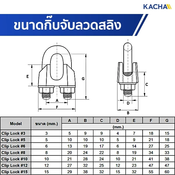 Kacha กิ๊บจับลวดสลิง ขนาด 1/8” 3 มม. ถึง 3/8” 10 มม. thumbnail 5