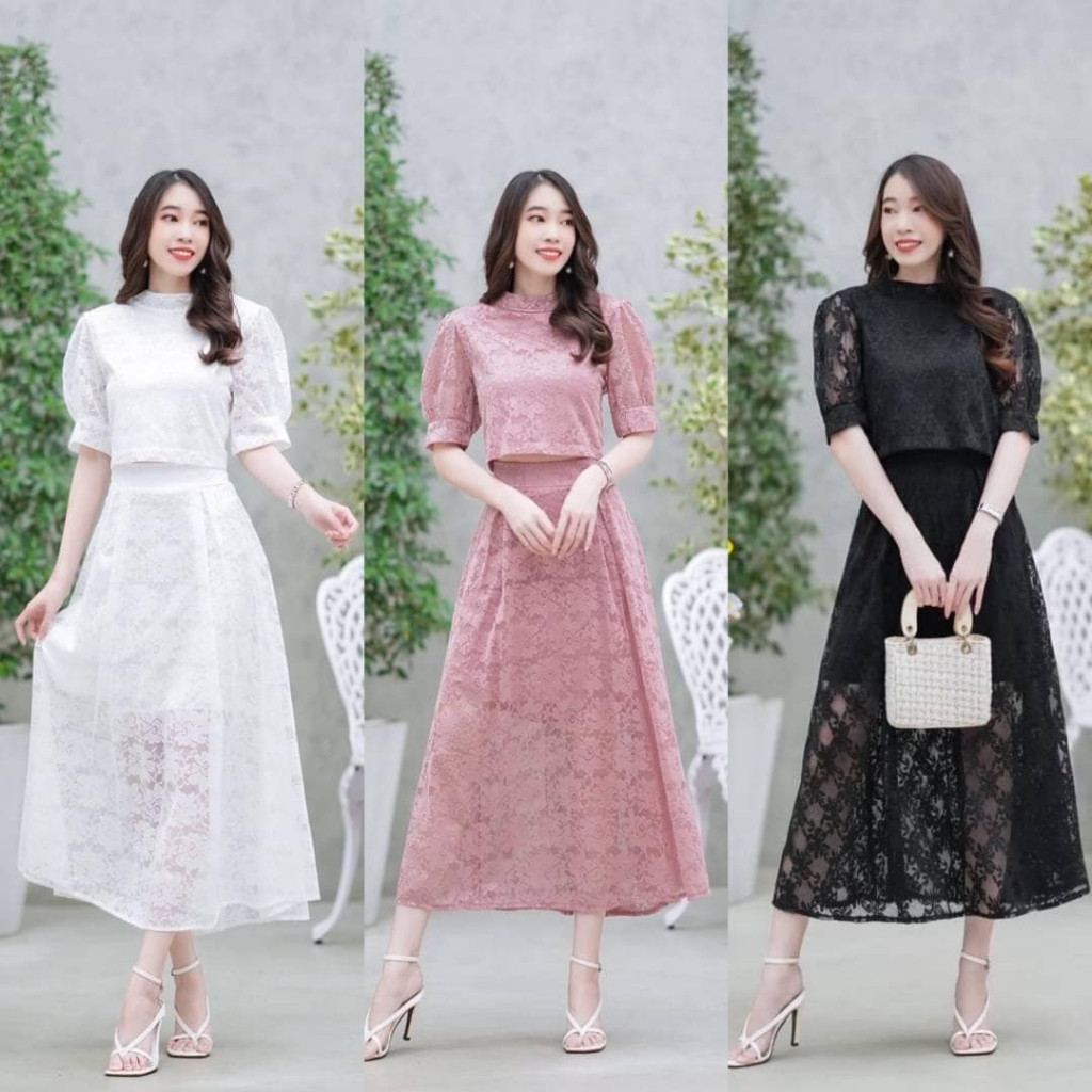 ชุดลูกไม้ ใส่งานบุญ งานบวช บวชนาค ใส่ไปงานเลี้ยง งานแต่ง ใส่เท ชุดเซตเสื้อครอป กระโปรงยาว  สีขาว ดำ ชมพู พร้อมส่ง