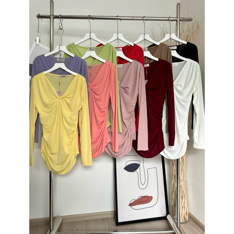 200 เสื้อยืดแขนยาวบิดไขว้กลางอก (ผ้าสลาฟเกาหลี) #9156