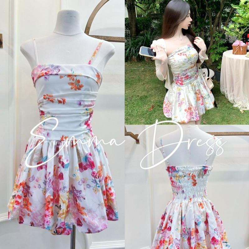 Wendystore182(Emma Dress)เดรสสายเดี่ยวทรงบอลลูนลายดอกชมพู
