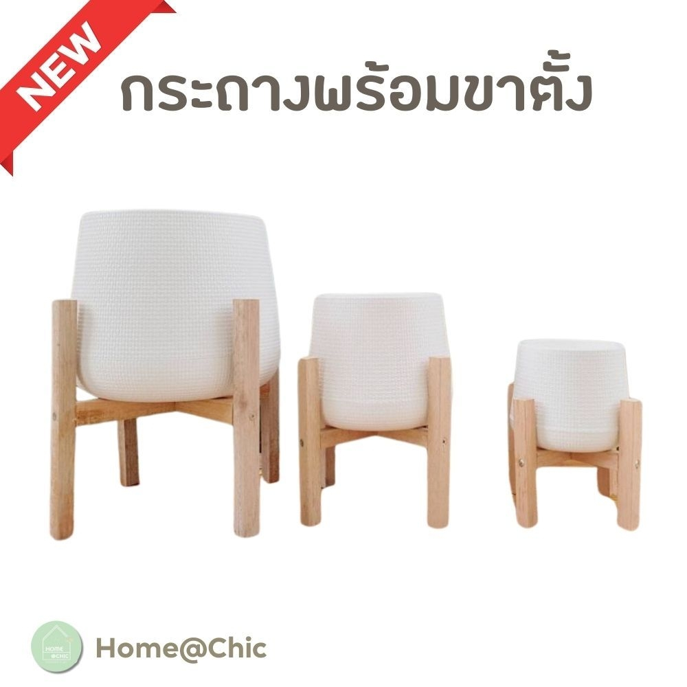กระถางเบลล่า พร้อมขาตั้งไม้สยา เซตกระถางพร้อมขาตั้ง มินิมอล สีขาว ขนาด 5 7 9 นิ้ว ราคาถูก