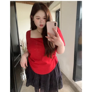CC Plus+ (J1368)เสื้อไหมพรมคอเหลี่ยมแขนสั้นดีเทลจ้ำเอวสไตล์เกาหลี เหมาะสำหรับสาวพลัสไซส์