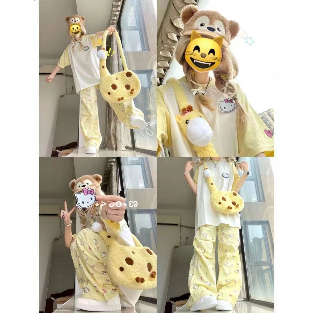 ฤดูร้อน 2024 เกลือกลุ่มประเทศ chao hello คิตตี้พิมพ์ผู้หญิงใหม่หลวมสูงเอวสูงแสดงผอมตรงลำลองกางเกง chao