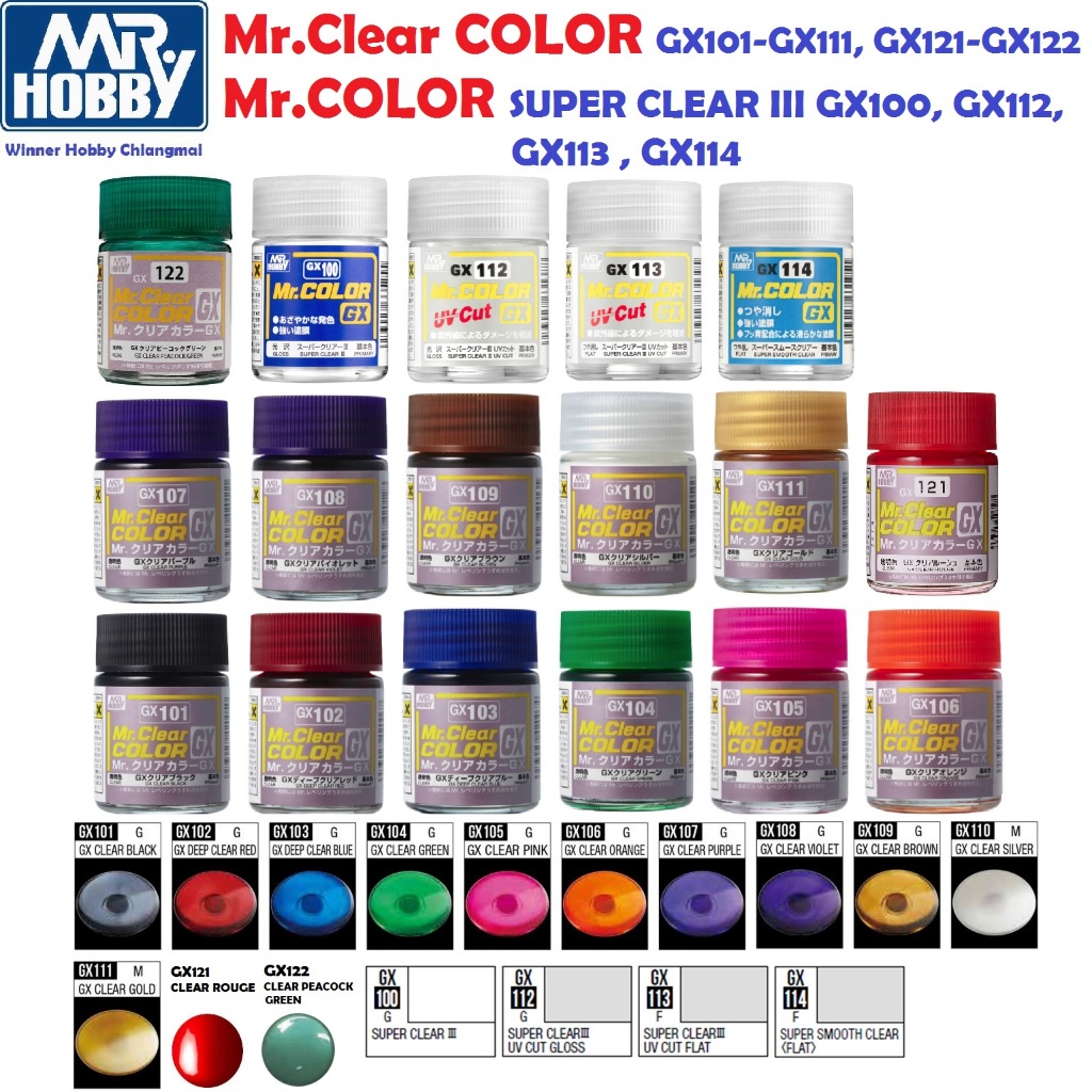Mr. Hobby Mr CLEAR COLOR GX101-GX111,GX121-GX122, Mr. SUPER CLEAR III  GX100, GX112,GX113 UV CUT, GX