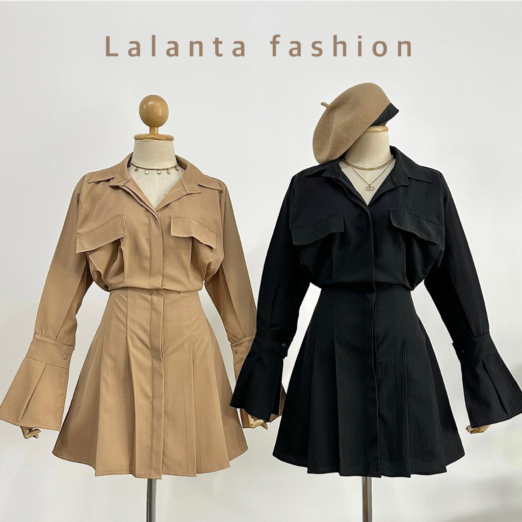 ⚡️เดรสแขนยาว คอปก ผ้าครัช #DD3