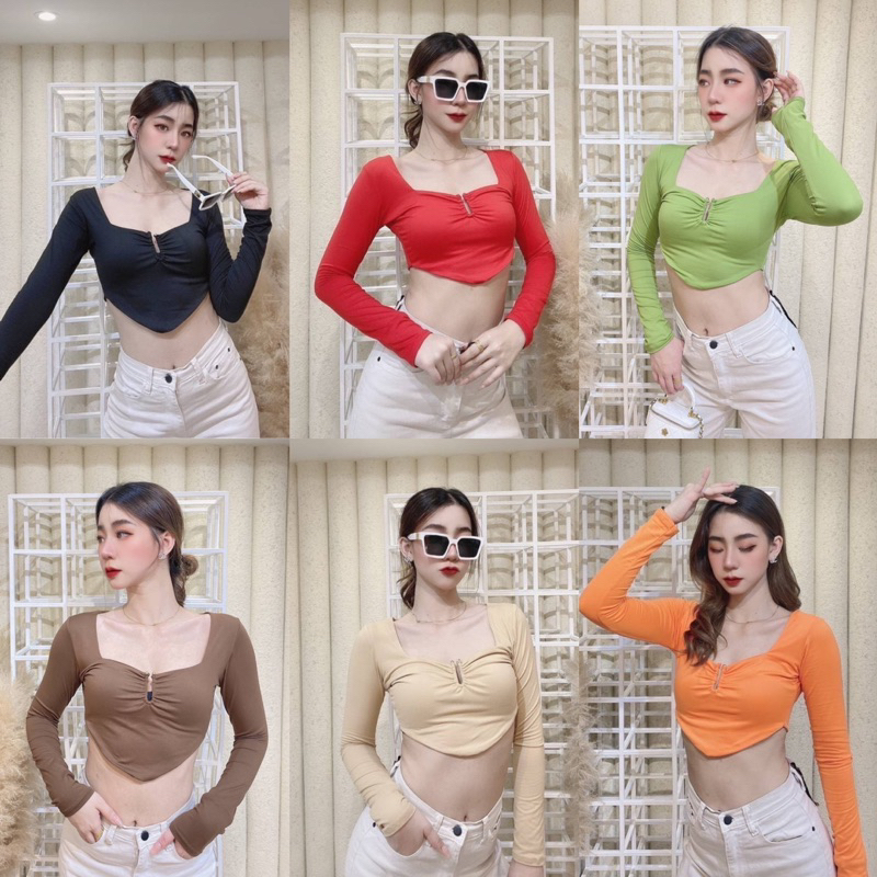 🔥เสื้อครอปแขนยาว เอวลอย 🔥ทรงสามเหลี่ยม ดีเทลแต่งห่วง เก๋มาก🔥