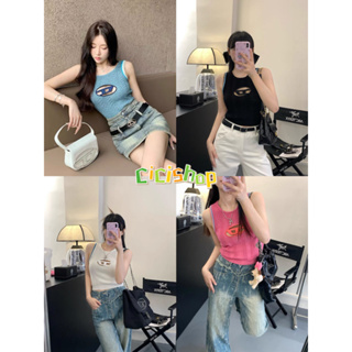 Cicishop(C8008)Crop Top เสื้อกล้ามไหมพรม ครอปท็อป ดีเทลโลโก้Dหน้าอกเก๋ แซ่บมาก