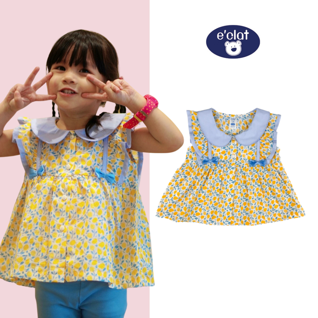 E'clat เสื้อคอบัว แขนกุด เพิ่มระบาย กระดุมหน้า เนื้อผ้าวูเว่น cotton100% ผ้าไม่ยืด ผ้าพิมพ์ลายดอกไม้ sku6839