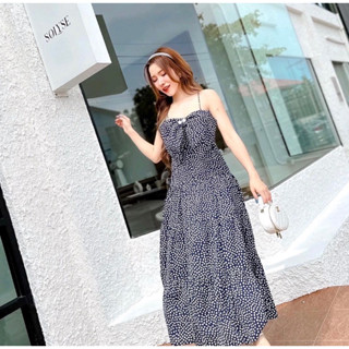 D1524 เดรสยาวสายเดี่ยวกรมลายจุดโบว์อก