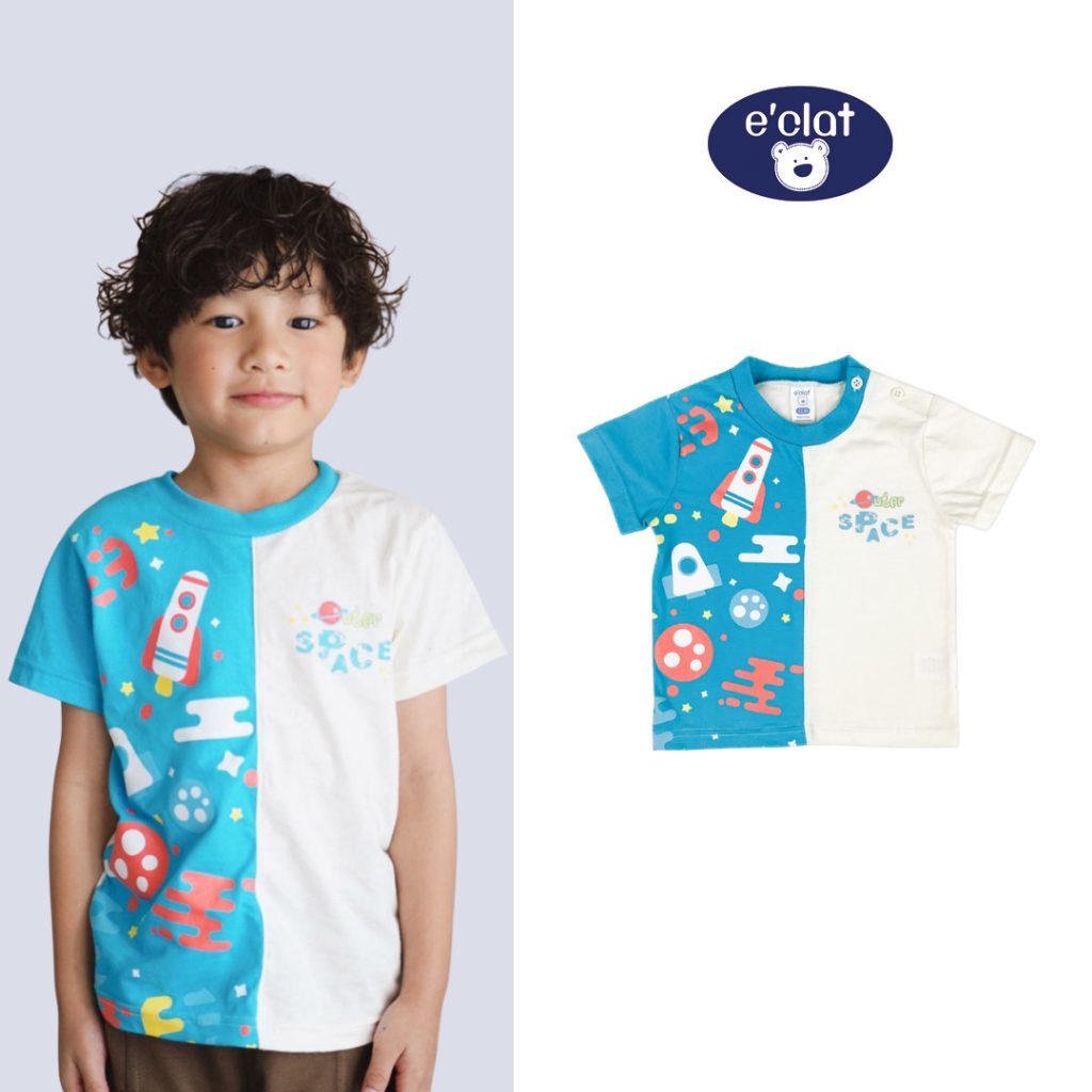 E'clat เสื้อยืดคอกลม เเขนสั้น(มีกระดุมไหล่ไซส์ 12M-2Y)เด็ก1-6ปี งานพิมพ์ลาย ผ้าcotton100% 7847