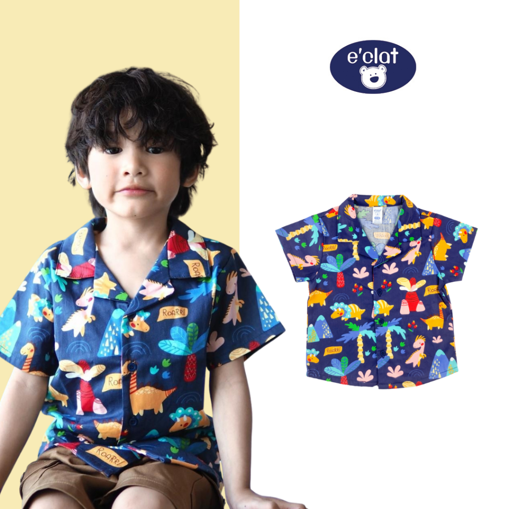 E'clat เสื้อเชิ๊ตคอปก กระดุมหน้า เด็กผู้ชาย1-6ปี ผ้าลายพิมพ์สัตว์ ผ้าวูเว่น cotton 100% ผ้าไม่ยืด ไม่กระด้าง sku7776