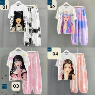 พร้อมส่งด่วน SALE !! ชุดเซต2ชิ้น เสื้อยืดคอกลมพิมพ์ลาย+กางเกงขาจั้ม ฟรีไซซ์ ผ้าคอตตอนผสมผ้าเด้ง  ผ้ายืด ผ้านิ่ม ใส่สบาย