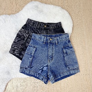 Fineday Jeans. กางเกงขาสั้น ยีนส์ ผู้หญิง ตกแต่งกระเป๋าข้าง เอวสูง ผ้าไม่ยืด มี 2 สี ไซส์ S-XL