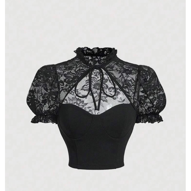 เสื้อลูกไม้ เสื้อยืด ครอป ลูกไม้คอนทราสต์ คอผูกเน็คไท แขนพอง