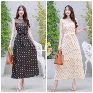 Maxi dress ลายดอกเล็กแขนกุด แต่งซีทรู ผูกโบว์เอว มีซิปซ่อนด้านหลัง มีซับใน