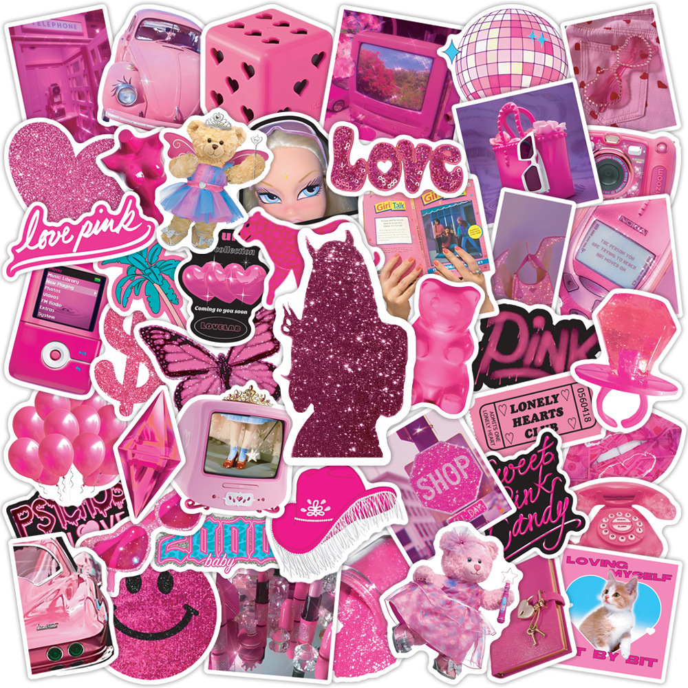 พร้อมส่ง Movie USA INS barbie Pink style บาร์บี้ classic movie หนัง สติกเกอร์ กันน้ำ รูปแบบที่แตกต่างกัน sticker 50ชิ้น