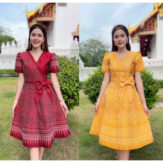 ✨พร้อมส่ง เดรสผ้าทอคาดโบว์ใหญ่ กระโปรงย้วย อัดกาวทั้งชุด