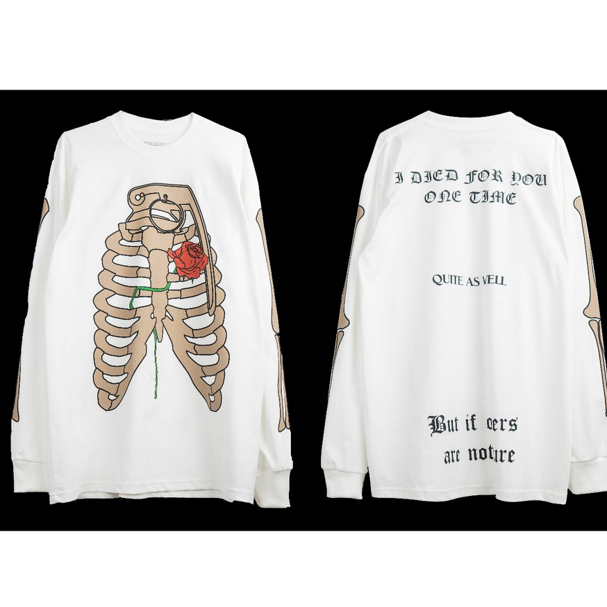 QUITEWELL เสื้อยืดแขนยาว 48-2 GRENADE SKULL WHITE เสื้อผู้ชาย Oversize สกรีนลาย สีขาว วินเทจ โครงกระดูก