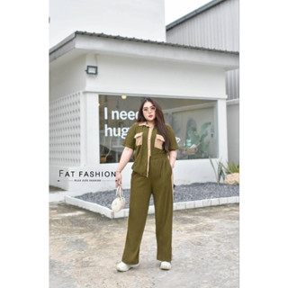 Fat-Fashion ชุดเซทขายาว เสื้อเชิ้ต ทูโทน แต่งกระเป๋าสวยมาก มาคู่กับกางเกงขายาว ทูโทน