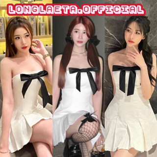 minidress เดรสสั้นเกาะอกสีขาวแต่งจีบรอบกระโปรงอัดพลีทตกแต่งโบว์สีดำ ชุดตามหาสไตล์สาวเวียดนาม แซ่บเบาๆ msmade