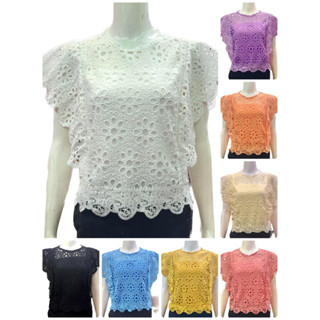 เสื้อลูกไม้ แขนสั้นระบายเอวจั้มฟรีไซร้38-40มีทั้งหมด10สี