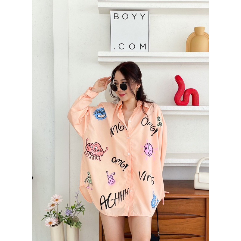 เสื้อเชิ้ตโอเวอร์ไซต์ พิมพ์สกรีนลายเท่ห์ๆ น่ารัก 6 สี ราคา ถูกที่สุด ดีลบีเคเค