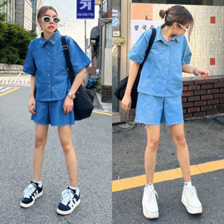 Yunaka ชุดเซ็ต 2 ชิ้น เซทเสื้อเชิ้ตยีนส์แขนสั้น อก 46” jeans Style Korea Set กางเกงขาสามส่วน เอว 26-32”