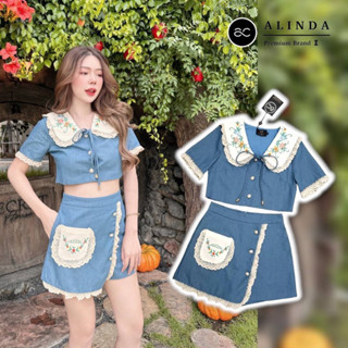 🩷 ป้าย Alinda 🩵 L 🌻 เสื้อครอป+กระโปรงกางเกง ชุดไปคาเฟ่ น่ารักๆ