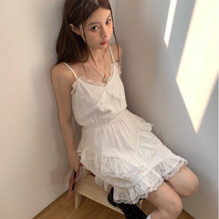 มินิเดรสสายเดี่ยวชายระบายแต่งลูกไม้สไตล์เกาหลี